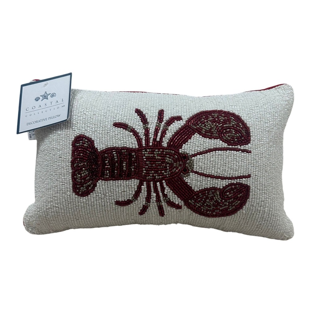 Coastal Collection No 2 Beaded Lobster Decorative Pillow 9x15 White Red Nautical